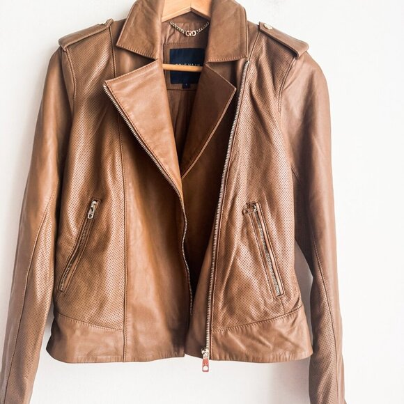 Cole Haan Camel Brown Beige Zipper Closure Lambskin Moto Jacket S - Picture 2 of 9